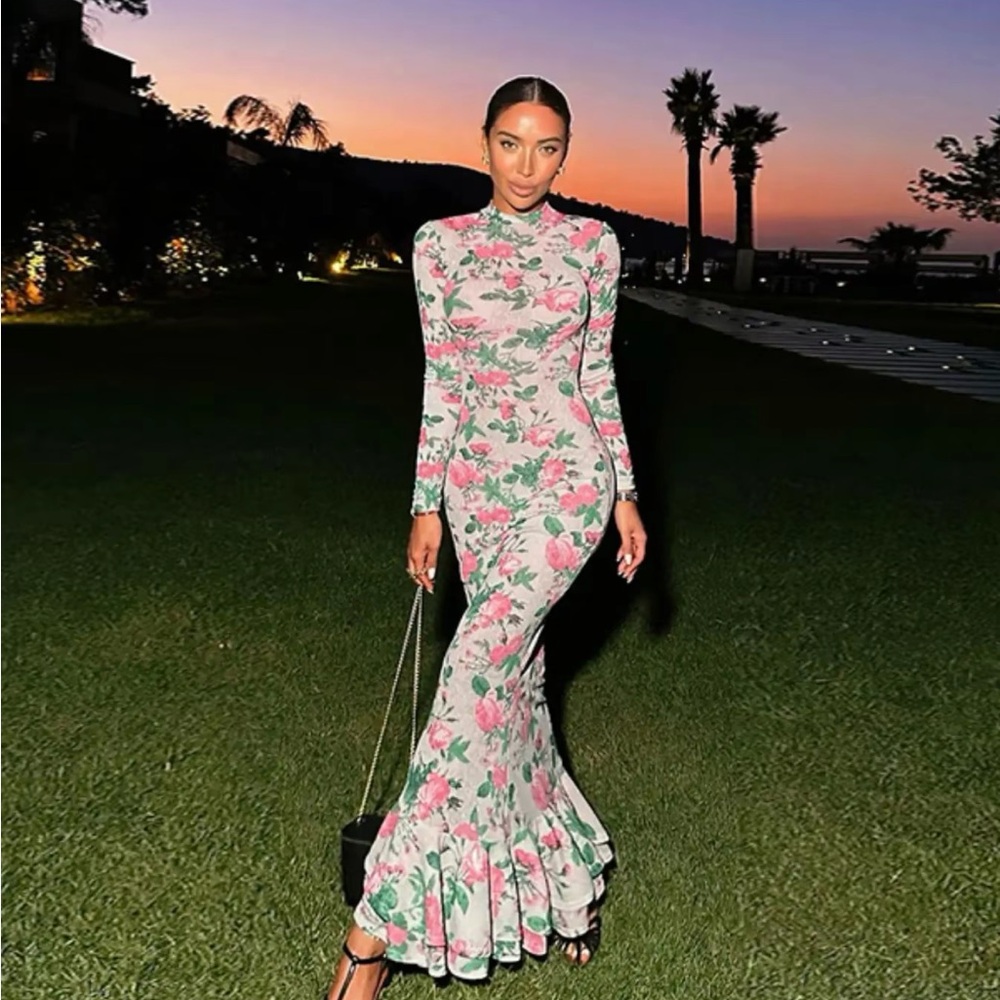 Floral Long-Sleeve Mermaid Maxi Dress - Pink & Green